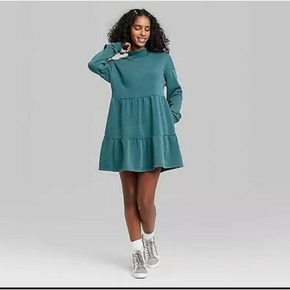 Wild Fable Teal Blue Mock Neck Tiered Pocket Mini Dress - XS - Picture 1 of 4